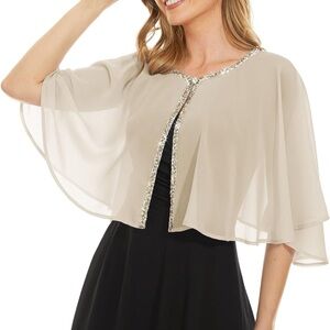 Rheane Champagne Gold Ruffle Flounce Chiffon Shawl Cape